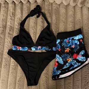Black Bikini Set with Tropical Trim - Women Swim